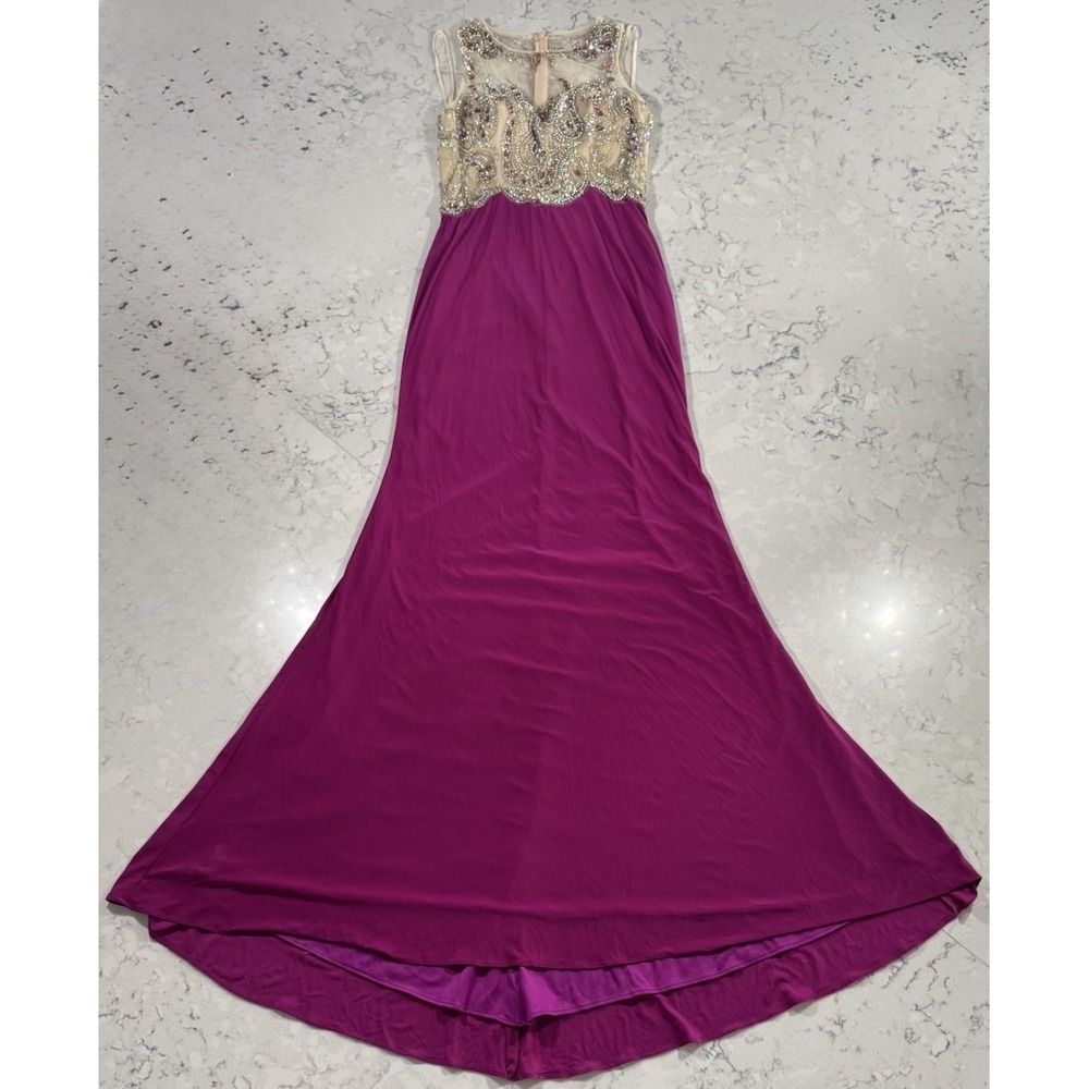 Dave Johnny Beaded Illusion Prom Dress Evening Gown 3/4 Magenta Fuchsia Pink
